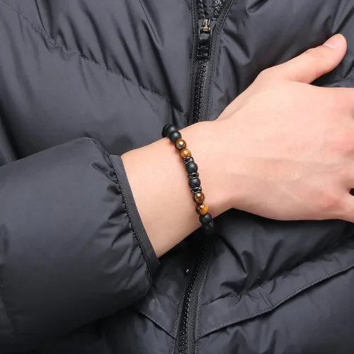 Miniatura 2 de JoycuFF Pulseras curativas de ojo de tigre para hombres, 0.315 pulgadas, piedra de ágata negra mate para padre, hermano, hijo, novio