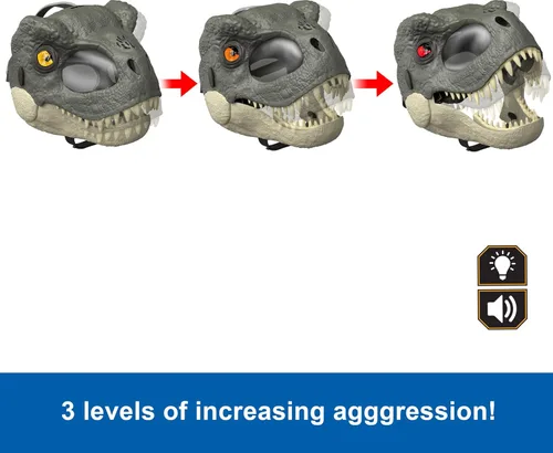 Miniatura 3 de Mattel Jurassic World Rebirth T-Rex Rage N Roar Máscara con ojos iluminados LED, acción de parpadeo con efecto de agresión de 3 niveles, disfraz