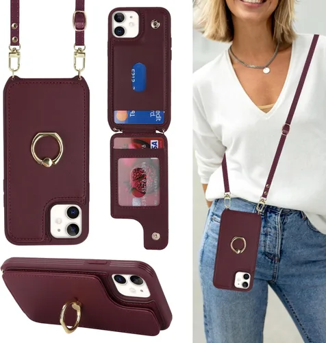 Miniatura 21 de Lipvina Funda para iPhone 13 Mini con tarjetero y correa para mujer, cordón cruzado, soporte de anillo con soporte, cierre a presión, bloqueo RFID