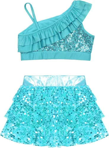 Miniatura 79 de JEATHA Top corto con borlas y lentejuelas brillantes para niñas, con minifalda, jazz latino, salsa, samba, rumba, baile