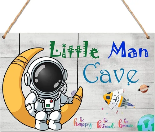 Miniatura 3 de JNFEUI Cartel de madera de la cueva del hombre pequeño del espacio de astronauta, decoración de la habitación del bebé, decoración de pared colgante