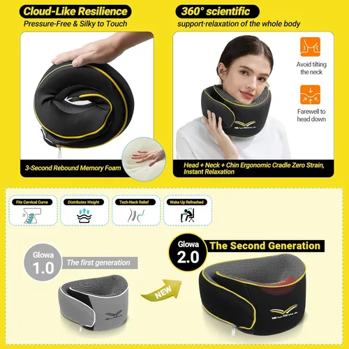 Miniatura 4 de Glowa Almohada de cuello de viaje 2.0, soporte ergonómico de barbilla para avión y automóvil, funda transpirable y lavable, ligera y compacta