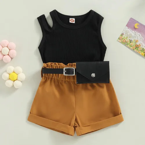 Miniatura 15 de Adobabirl Conjunto de ropa de verano para niña pequeña, sin mangas, acanalada, top halter y pantalones cortos, ropa de moda para niños con cinturón