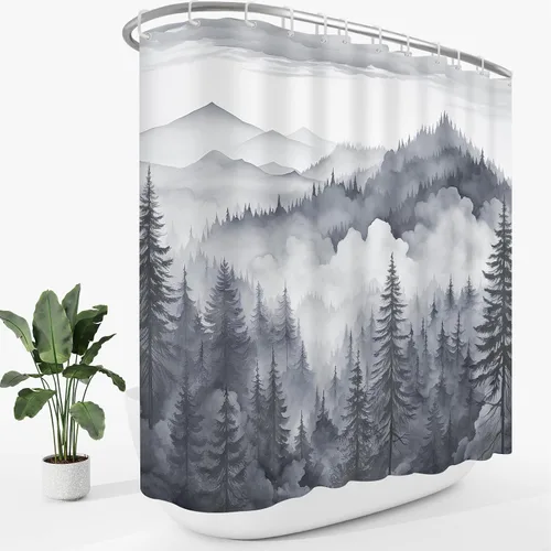 Miniatura 20 de Cortina de ducha pequeña de 36 x 72 pulgadas, cortina de medio tamaño de bosque brumoso, cortina de ducha estrecha mitad negra y blanca de montaña