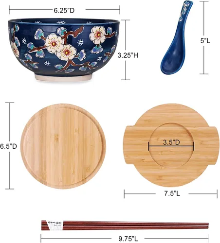 Miniatura 3 de Happy Sales HSKM-CHRYB8, juego de tazón para ramen, fideos de arroz estilo vintage japonés Kamameshi con tapa de bambú, esterilla, palillos