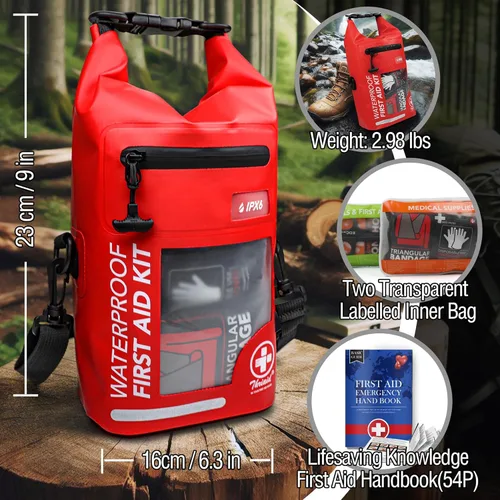 Miniatura 7 de Kit de primeros auxilios impermeable de 250 piezas, bolsa seca reflectante con tapa enrollable para barco, bolsas de emergencia, kit médico