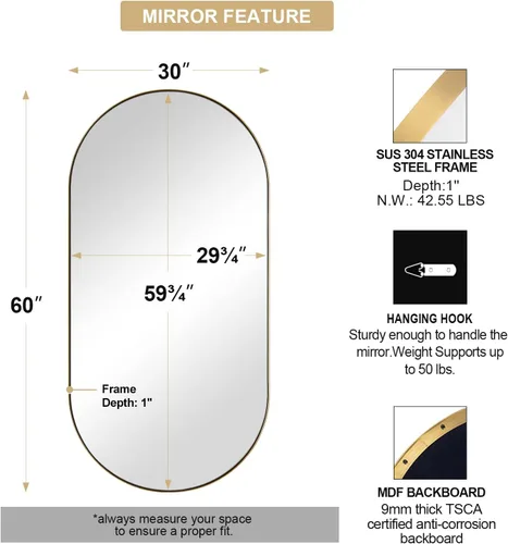 Miniatura 4 de ANDY STAR Espejo de baño dorado de 60 x 30 pulgadas, espejo de cuerpo entero, espejo ovalado para tocador, espejo en forma de píldora en acero