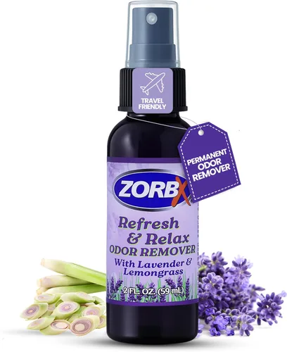 ZORBX Refresh & Relax - Spray removedor de olores de 2 onzas con lavanda y citronela, solución permanente, ambientador y ambientador en aerosol para