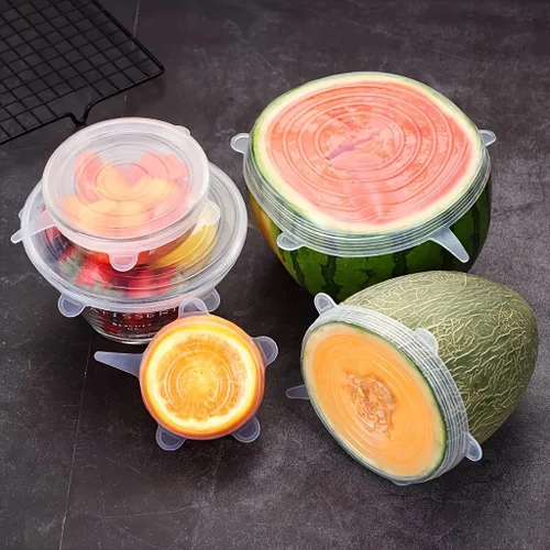 Miniatura 4 de Tapas elásticas de silicona, 6 tamaños, fundas reutilizables para almacenamiento de alimentos para cuencos, frutas y recipientes (rosa, 6 unidades)