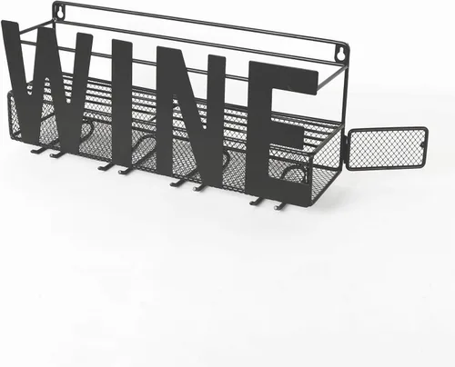 Miniatura 7 de Estante de metal para vino montado en la pared, soporte para botella de vino, soporte para botella de vino, soporte para 4 vasos de tallo largo