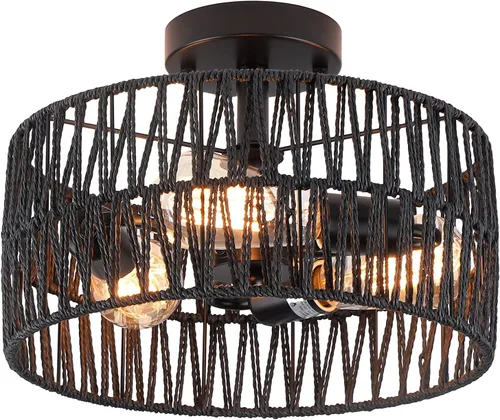 Miniatura 14 de Accesorio de Lámpara de Techo Empotrada Tejida en Oro Antiguo Costero, Luz de Techo Semi Empotrada Rústica Boho de Cuerda de Cáñamo Latón
