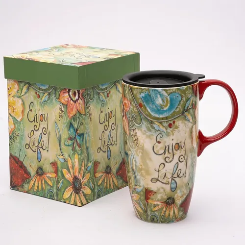 CEDAR HOME Taza de Café de Cerámica de Porcelana con Tapa para Lata de Té 17oz. Disfruta de la Vida