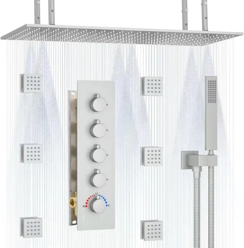 Miniatura 8 de Sistema de ducha de techo de niebla dorada cepillada con cabezal de ducha grande de doble función de 15.7 x 31.5 pulgadas, válvula de ducha Oro