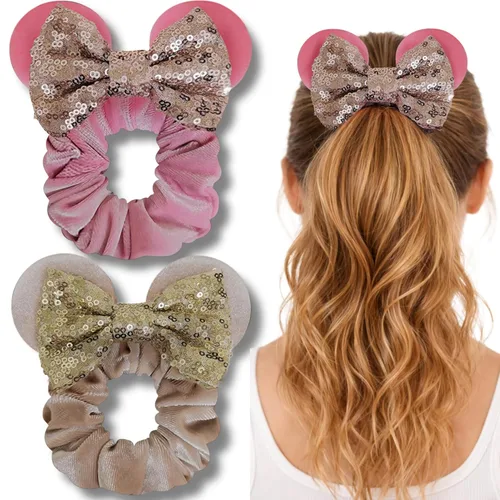 Miniatura 12 de Styla Hair - Paquete de 2 coleteros para orejas de ratón, con lazo de terciopelo con orejas de lentejuelas, bonitos accesorios para el cabello