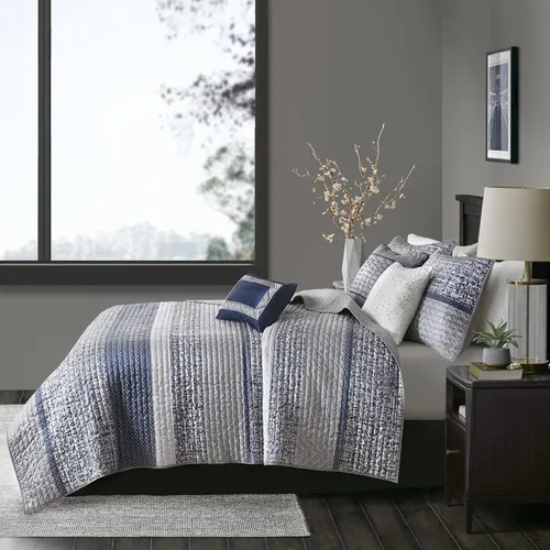 Miniatura 13 de Madison Park Juego de edredón Queen de jacquard lustroso y purpurina, conjunto de cubrecama para cama tamaño Queen – para todas las estaciones