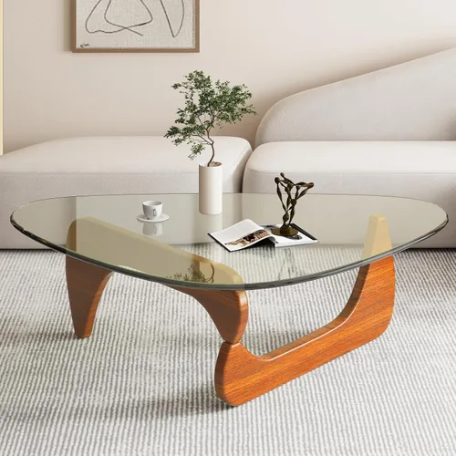 Miniatura 9 de Mesa auxiliar moderna Mid-Century con parte superior triangular de vidrio transparente y base de madera maciza, mesa auxiliar moderna para sala