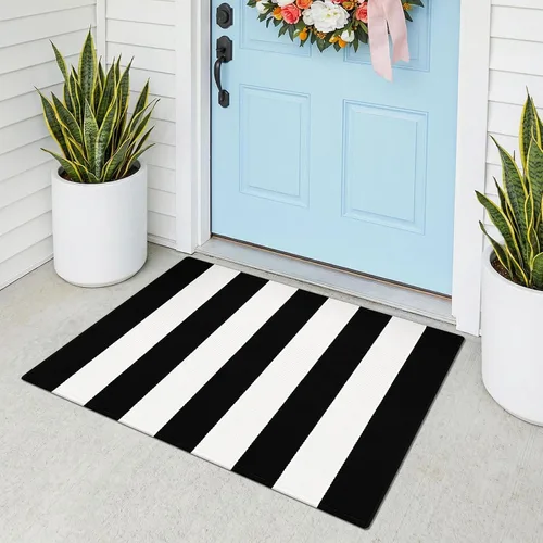 KOZYFLY Alfombra a rayas blancas y negras de 2 x 3 pies, tejido de algodón, lavable, para interiores y exteriores, alfombra pequeña para puerta