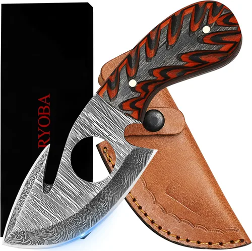 RYOBA Cuchillo de desollar de Damasco con gancho hecho a mano de acero de Damasco de hoja fija, cuchillo de caza y despellejador con gancho Cuchillo