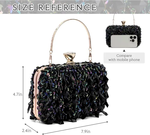 Miniatura 3 de Oweisong Bolso de mujer con diamantes de imitación de cristal negro para boda, bolso de hombro con cuentas de diamantes brillantes para graduación