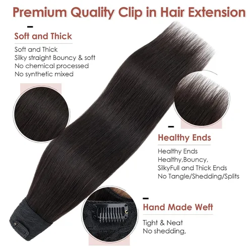 Miniatura 3 de Benehair Extensiones de cabello humano real de una pieza con clip, 3/4, cabeza completa, en forma de V, trama más gruesa, malla de encaje, Negro