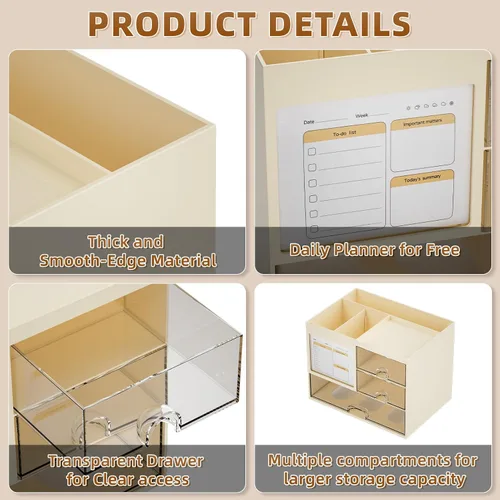 Miniatura 6 de Marbrasse Organizador de Escritorio con 3 Cajones, Soporte Multifuncional para Lápices y Bolígrafos para Escritorio, Organizador de Escritorio