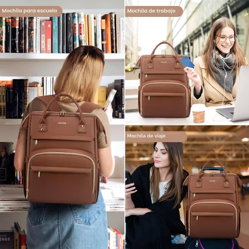 Miniatura 6 de LOVEVOOK Mochila de cuero para laptop para mujer de 15.6 pulgadas, bolsa de viaje para enfermeras, profesores, bolsa de computadora, bolsas de Marrón