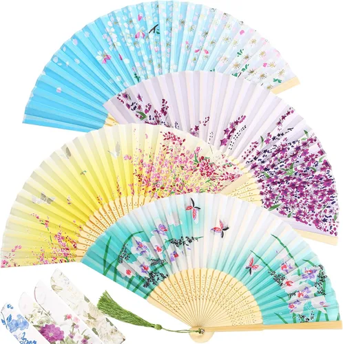 Miniatura 19 de Zonon Paquete de 4 abanicos plegables florales de mano, abanicos de bambú de seda con borla para mujer, ventilador plegable de mano ahuecado