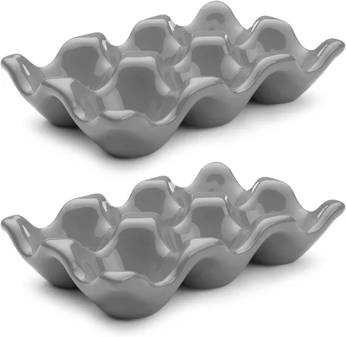 Miniatura 34 de Flexzion Organizador de huevos cerámico para nevera - Bandeja de huevos de 6 tazas, contenedor de porcelana para media docena, organizador de Gris