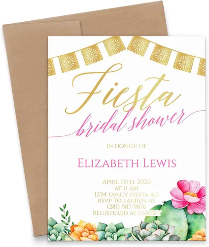 Watercolor Floral Fiesta Bridal Shower Invitations with Envelopes, Elegant Bridal Shower Invitations, Pink and Gold, Your choice of Quantity and
