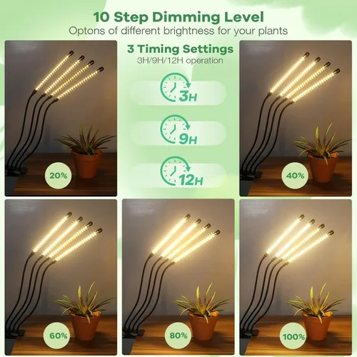 Miniatura 3 de Luces LED de cultivo, luz de planta de espectro completo con 4 cabezas y abrazadera para plantas de interior y arranque de semillas, 10 niveles