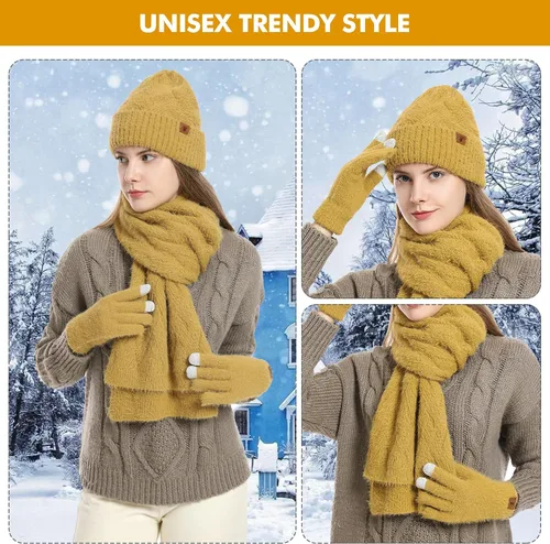 Miniatura 6 de Gorro de punto de invierno para mujer con guantes para pantalla táctil, gorro de pompón, bufandas para el cuello para hombres