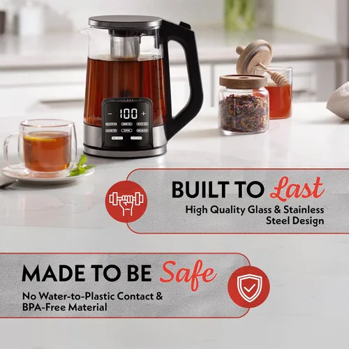 Miniatura 8 de Gourmia Hervidor eléctrico programable de vidrio – 1.7L Control de temperatura para té y café con pantalla táctil digital, 6 ajustes
