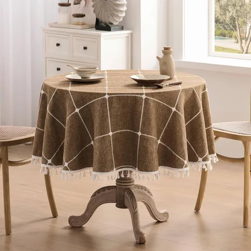 Miniatura 13 de ZeeMart - Mantel de mesa con diseño de cuadrícula boho y borlas (blanco roto, 132 cm x 132 cm), mantel de gran peso de lino a cuadros bordado