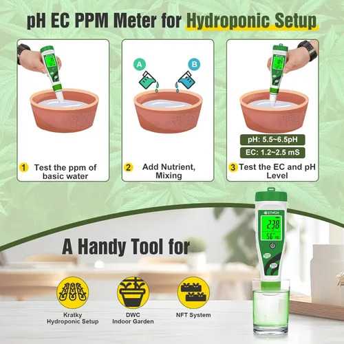 Miniatura 3 de Medidor de pH EC Hidroponico, Medidor de pH de Agua TDS PPM con Pantalla Simultánea para Solución Nutritiva de Reservorio, Medidor de pH EC