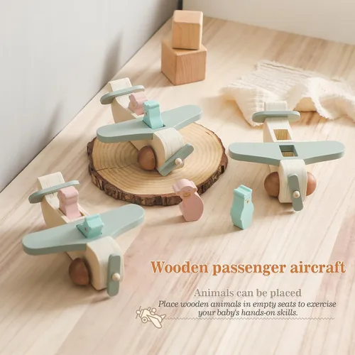 Miniatura 5 de ibwaae Juguetes de Avión de Madera, Conjunto de Juego de Vehículos de Transporte Aéreo, Juegos de Tirar de Madera, Regalo de Aprendizaje Juguete