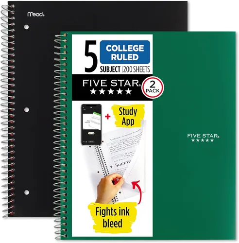 Five Star Cuaderno de espiral + aplicación de estudio, 5 materias, papel rayado universitario, 11 x 8-1/2 pulgadas, 200 hojas, negro y verde bosque,