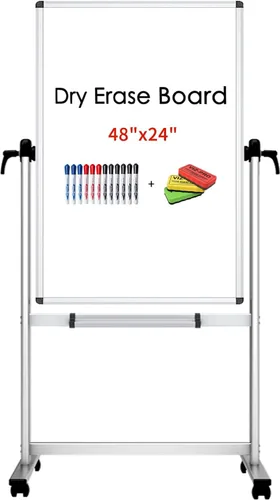 VIZ-PRO Pizarra magnética móvil de doble cara, 48 x 24 pulgadas, orientación vertical, marco y soporte de aluminio, con 12 marcadores y 3 borradores