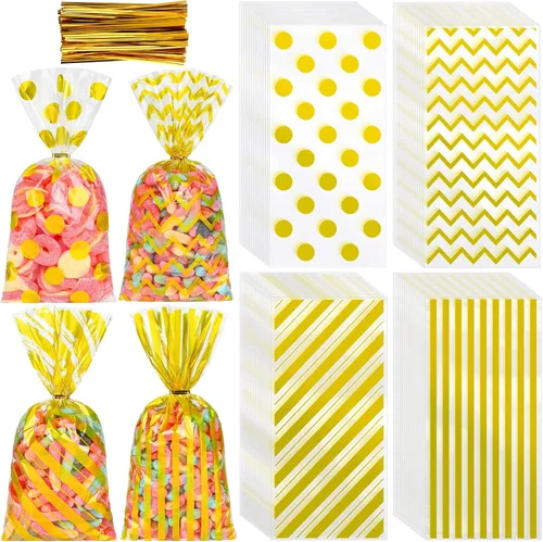 Aodaer 100 bolsas de celofán dorado de 10.6 x 5.1 pulgadas, bolsas de plástico para dulces, bolsas de celofán, diseño de rayas de lunares, bolsa de