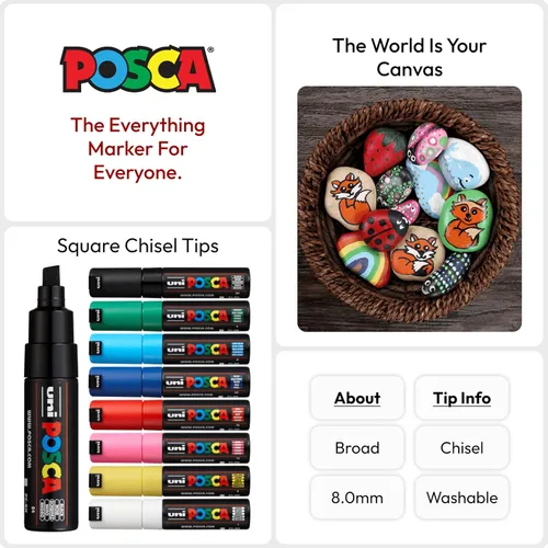Miniatura 3 de Auténtico juego de marcadores posca con 8 marcadores posca de grado profesional con puntas de cincel anchas de 8K