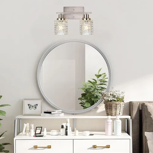 Miniatura 2 de MELUCEE Aplique de pared de 2 luces con pantalla de vidrio martillado, luces de baño de níquel cepillado sobre el espejo, accesorios de iluminación