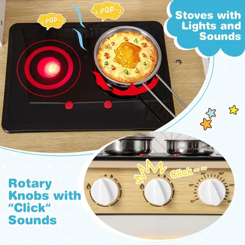 Miniatura 2 de Costzon Juego de cocina para niños, cocina de madera con luces y sonidos, estufas, fregadero, grifo, microondas, horno y accesorios de cocina, juego