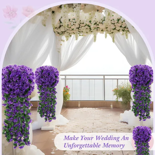 Miniatura 5 de Paquete de 10 guirnaldas de flores artificiales colgantes para boda, ceremonia, pared, hogar, fiesta, jardín, decoración al aire libre (morado)
