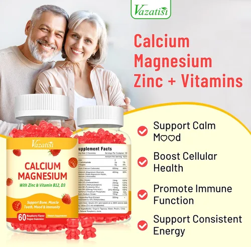 Miniatura 5 de Paquete de 2 gomitas de calcio con magnesio, zinc, vitamina D3 y B12, suplementos de calcio para mujeres y hombres, apoyo a los huesos, los músculos
