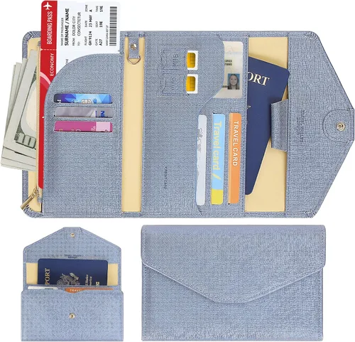 Miniatura 164 de Zoppen - Billetera de viaje con bloqueo RFID multiusos (Ver.4) Portatarjetas de pasaporte y vacunas, organizador de documentos de tres pliegues