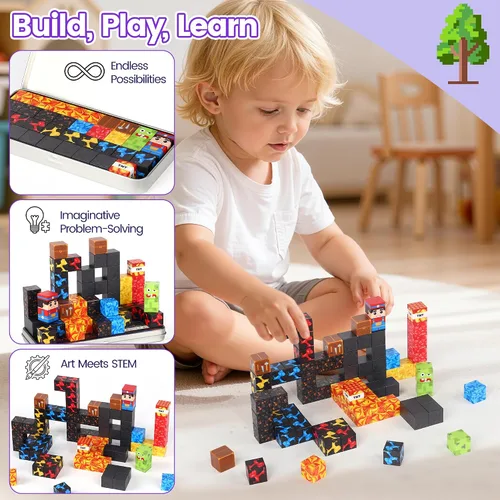 Miniatura 7 de SYSKENI Juego de 35 Bloques Magnéticos de Viaje, Mini Bloques Magnéticos Juguetes de Viaje para Niños de 3-5 y 4-8 Años, Cubos Magnéticos Portátiles