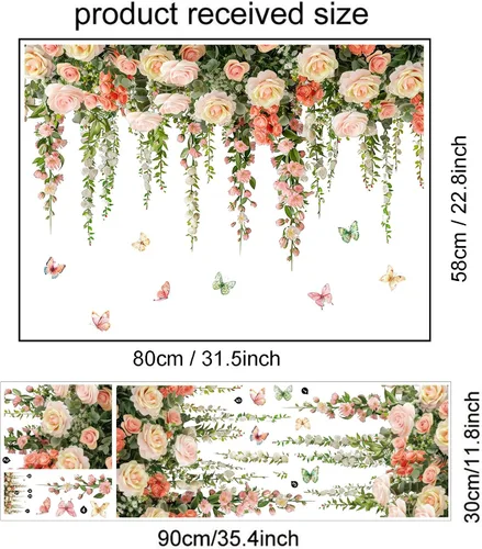 Miniatura 2 de Calcomanías de pared de rosas vívidas, calcomanías de pared florales de vid colgantes, calcomanías de mariposa, papel tapiz para despegar y pegar