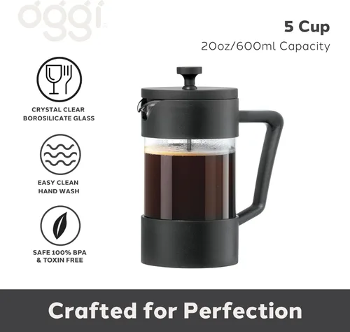 Miniatura 2 de Oggi Cafetera de prensa francesa de vidrio borosilicato (20 oz): capacidad para 5 tazas, prensa de café, cafetera de una sola porción, tapa y émbolo