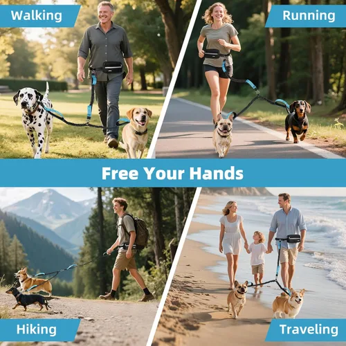 Miniatura 8 de VavoPaw Correa de perro manos libres para 2 perros con bolsa, correa de cintura para pasear perros, trotar, senderismo, correas retráctiles con asas