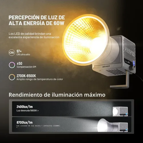 Miniatura 3 de NEEWER Luz de video LED RGB portátil de 60W Luz de mano de relleno, control APP/2.4G/Panel 18 escenas 8700Lux/1m 2700-6500K CRI97+ Regulable COB