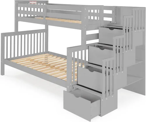 Miniatura 6 de Bedz King Literas de escalera de tamaño individual sobre matrimonial con 4 cajones en los escalones, color cereza oscuro
